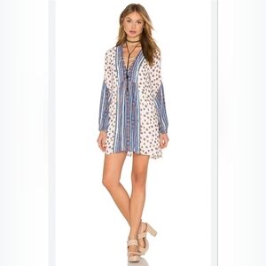 Free People Rain Or Shine Blue and White Lace up Mini Dress | Balloon Sleeve | M